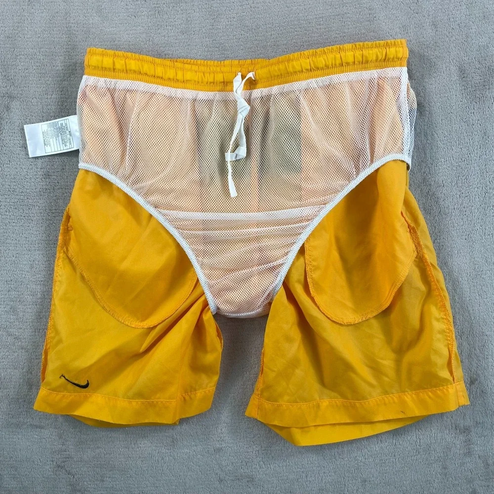 Vintage Y2K Nike‎ Swim Trunks Shorts Men Medium Yellow Black Big Logo Mesh Liner
